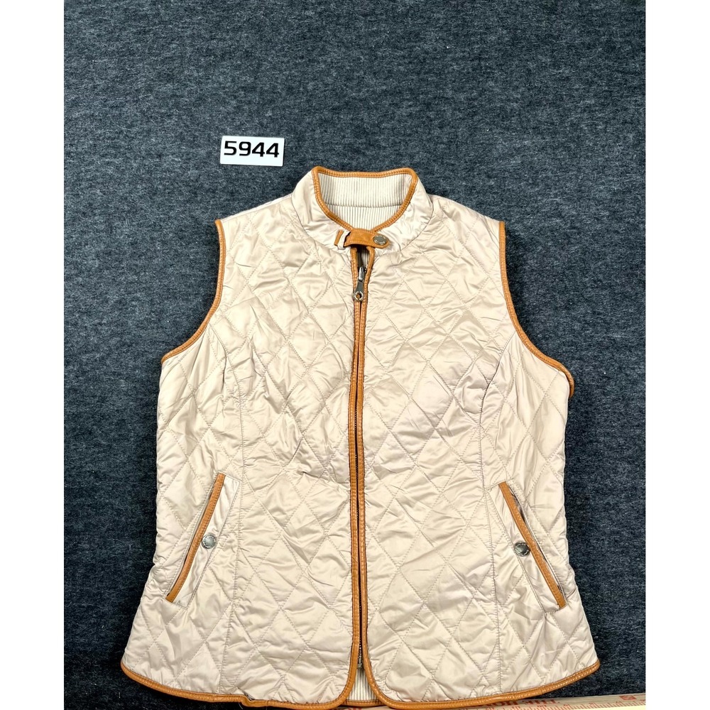 Massimo Dutti Quilted Vest Womens Large Tan Leather Trim Full Zip Mock Neck